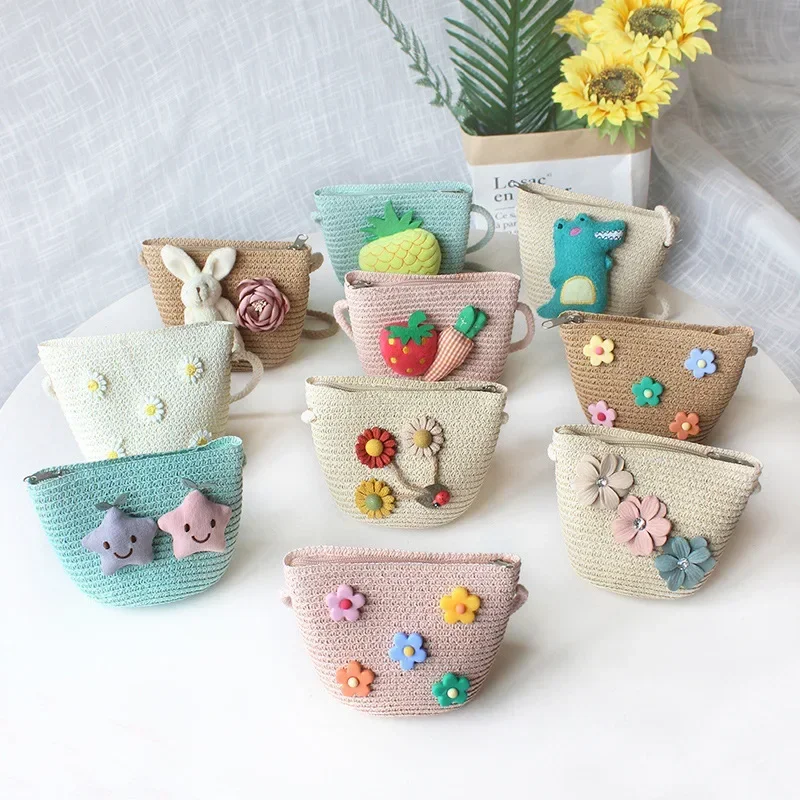 Saco de mensageiro tecido palha para crianças, meninas adoráveis, bolsa pequena, bolsas, mini sacos de ombro, princesa carteira, bebê crianças, verão