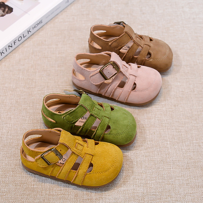 Детские замшевые сандалии для девочек, римская обувь для малышей с нескользящей подошвой и пастельными цветами, пляжная садовая обувь принцессы для босиком