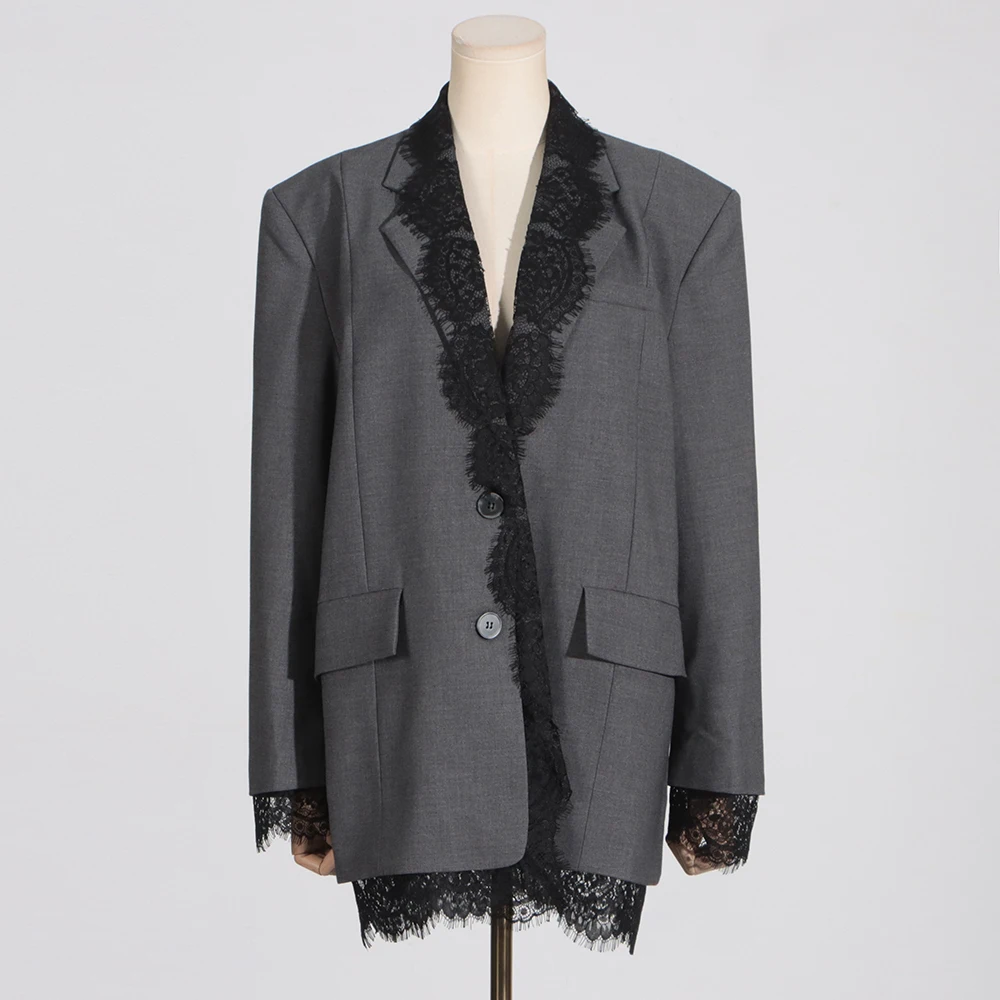 VGH Chic Solid Spliced Lace Edge Blazers voor dames Gekerfde kraag Lange mouw Temperament Designer Jassen Vrouwelijke kledingstijl