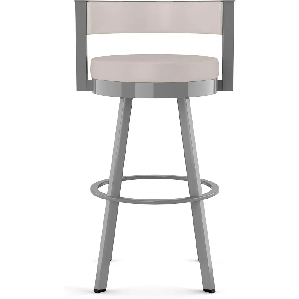 30 inch swivel bar stool with upholstered back, cream faux leather seat and glossy grey metal frame for kitchen island or bar