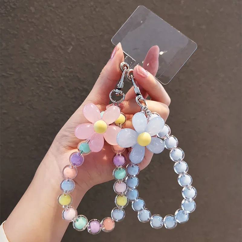 Anti-Verlust-Telefon-Schlüsselanhänger für Damen, kurzes Handgelenkband mit buntem Macaron-Perlen-Anhänger