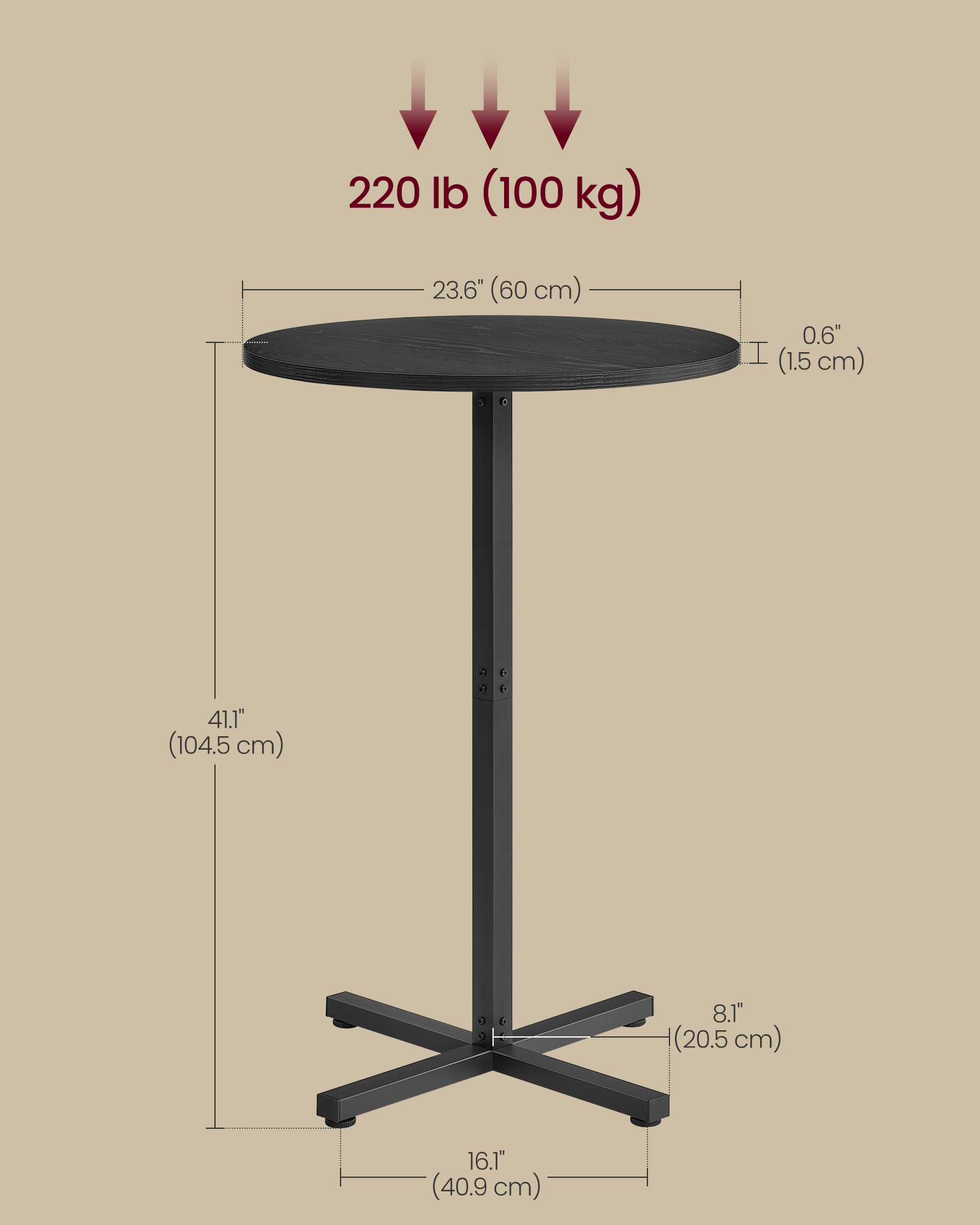 VASAGLE Bar Table, High Dining Table, Metal Frame, 60 x 60 x 104.5 cm, Easy to Assemble, With Cross Base, for 2-3 People, Modern