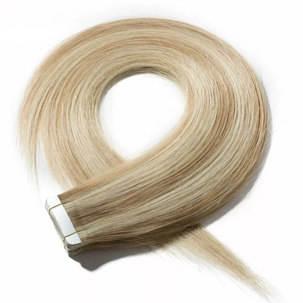 目に見えないヘアエクステンションのシームレスなテープ,本物の人間の髪の毛,金髪のハイライト,16〜26インチ