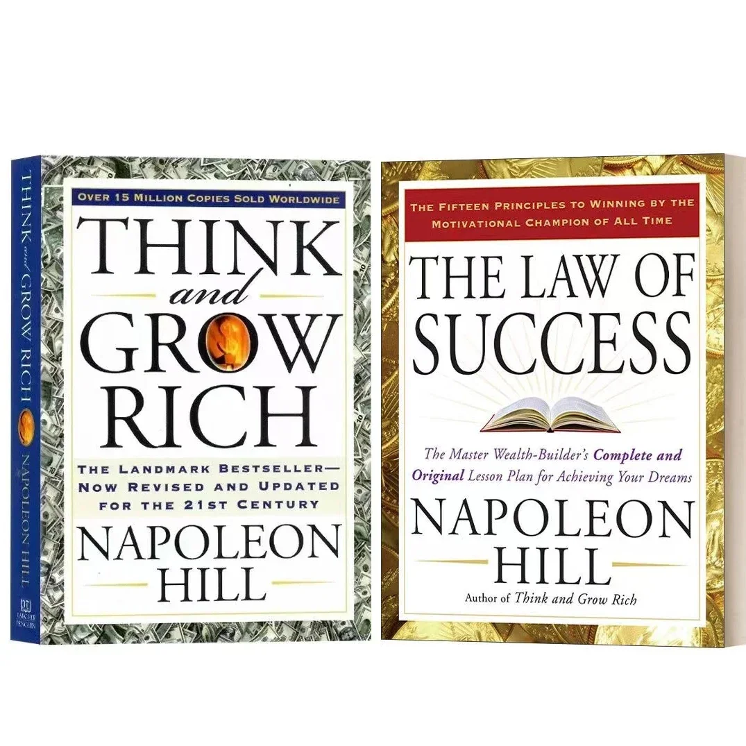 หนังสือ 2 เล่มที่ตั้งโดย Napoleon Hill Think And Grow Rich และกฎแห่งความสําเร็จในการอ่านหนังสือสําหรับผู้ใหญ่