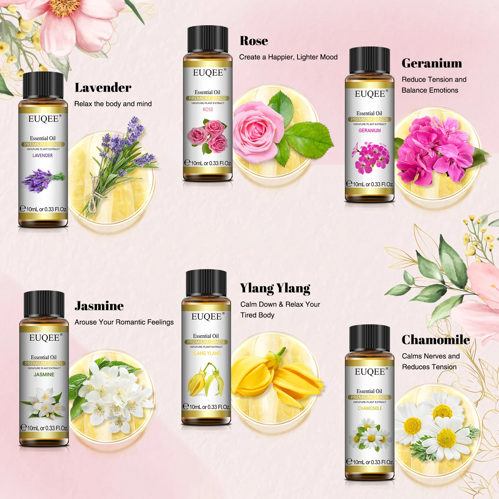 EUQEE 6 ขวด Floral Series ชุดน้ํามันหอมระเหยสําหรับ Diffuser เทียนทํา-Rose Lavender Ylang Ylang จัสมิน Geranium Chamomile