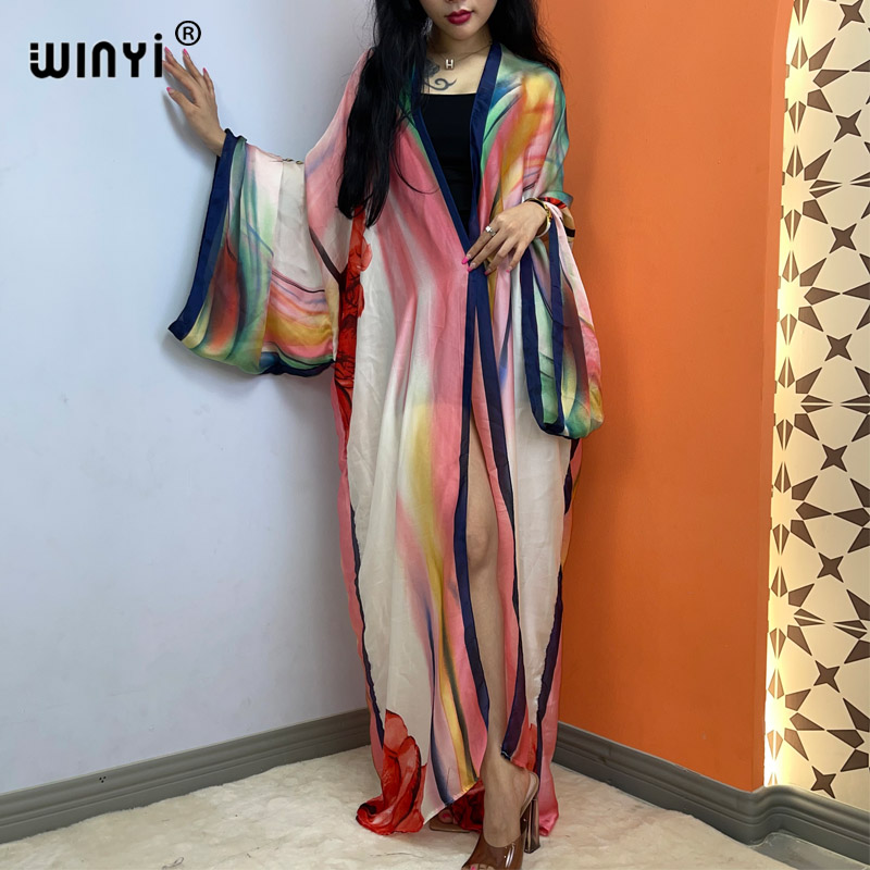 Winyi afrikanische Frauen lässig sexy Perspektive Langarm Cardigan Strand Boho Vertuschung Sommerferien Kimono Seide Gefühl Kleid