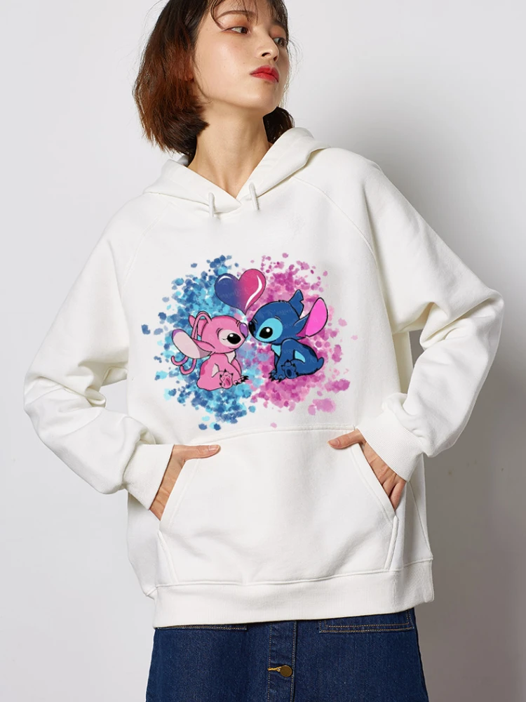 Disney Stitch Hoodies ผู้หญิง Harajuku Pullovers น่ารัก Kawaii เสื้อลําลอง O-Neck Angel พิมพ์ Hooded Sweatshirt แขนยาว