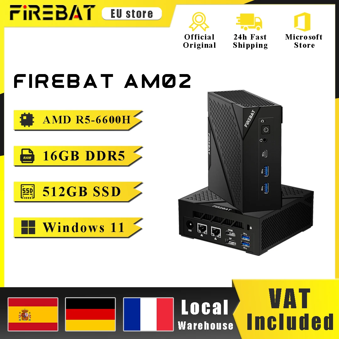 FIREBAT AM02 MINI-PC AMD Ryzen 5 6600H DDR5 16GB RAM 512GB 1TB SSD WIFI6 BT5.2 Computer da gioco MINI-PC desktop portatile 4K @ 60hz