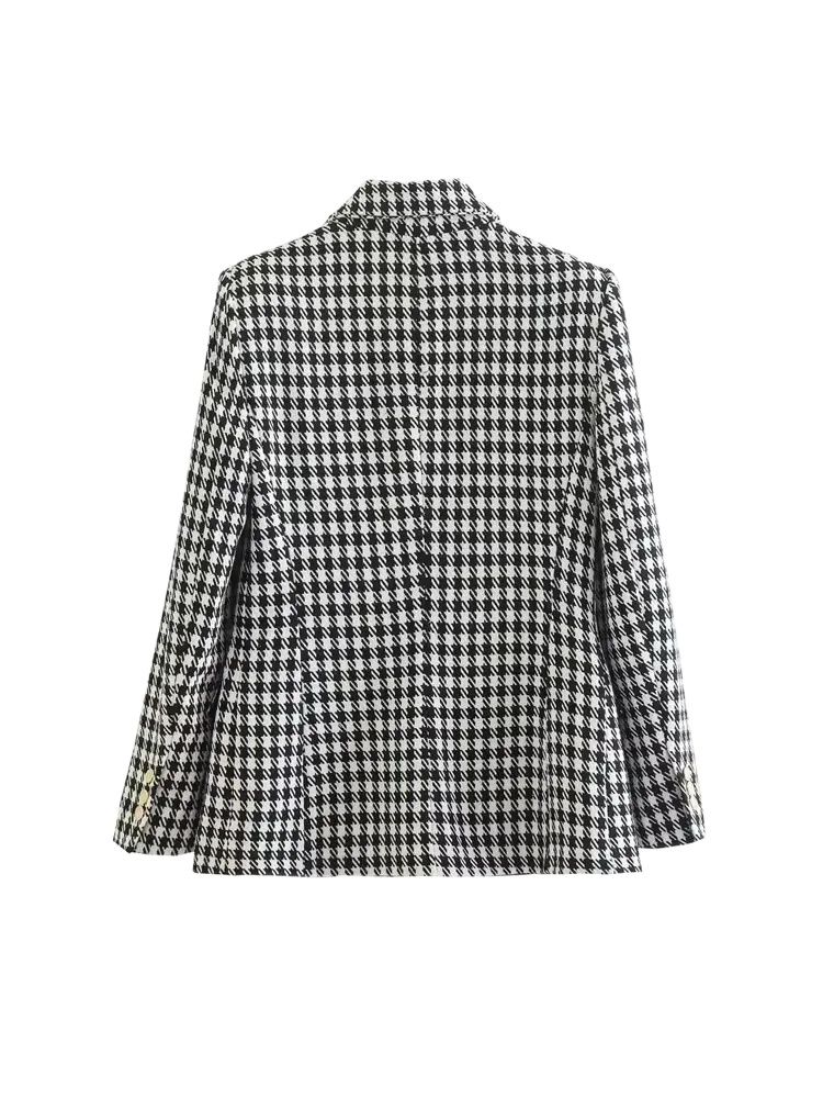 Moda feminina duplo breasted houndstooth blazer casaco vintage manga longa bolsos com aba feminino outerwear chique coletes