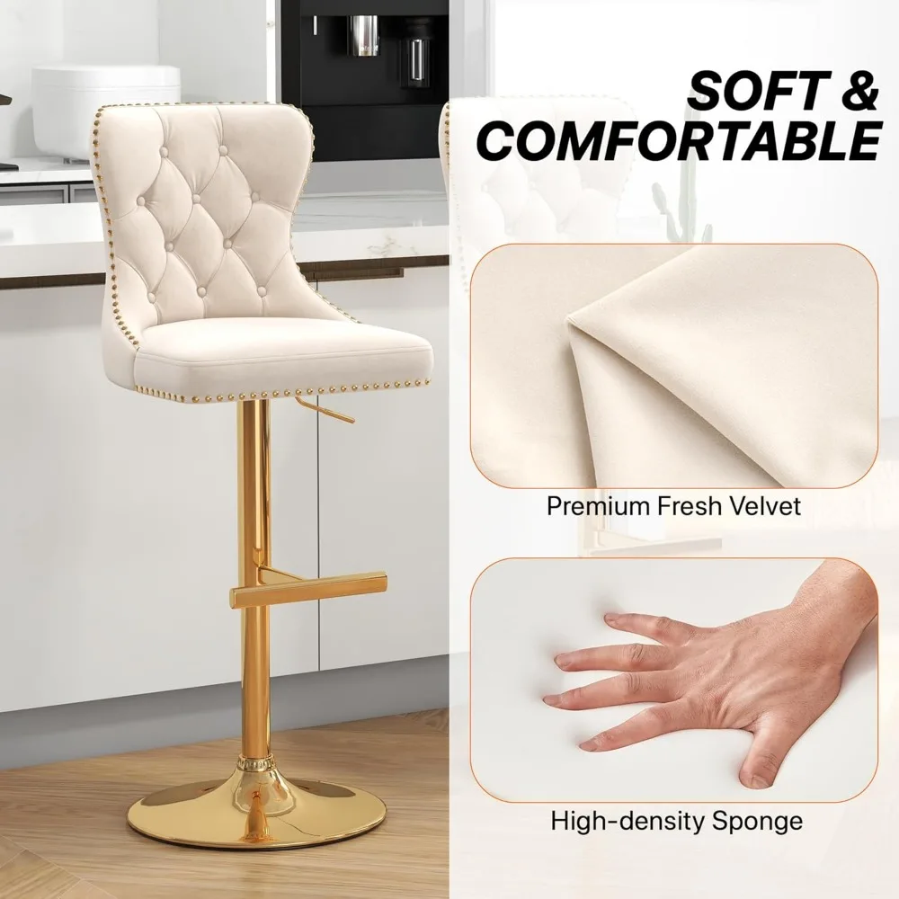 Bar Stools Set of 2, Velvet Swivel Counter Height Stools with Tufted Back, Adjustable Seat with Nailheads Trim, Upholstered Bar