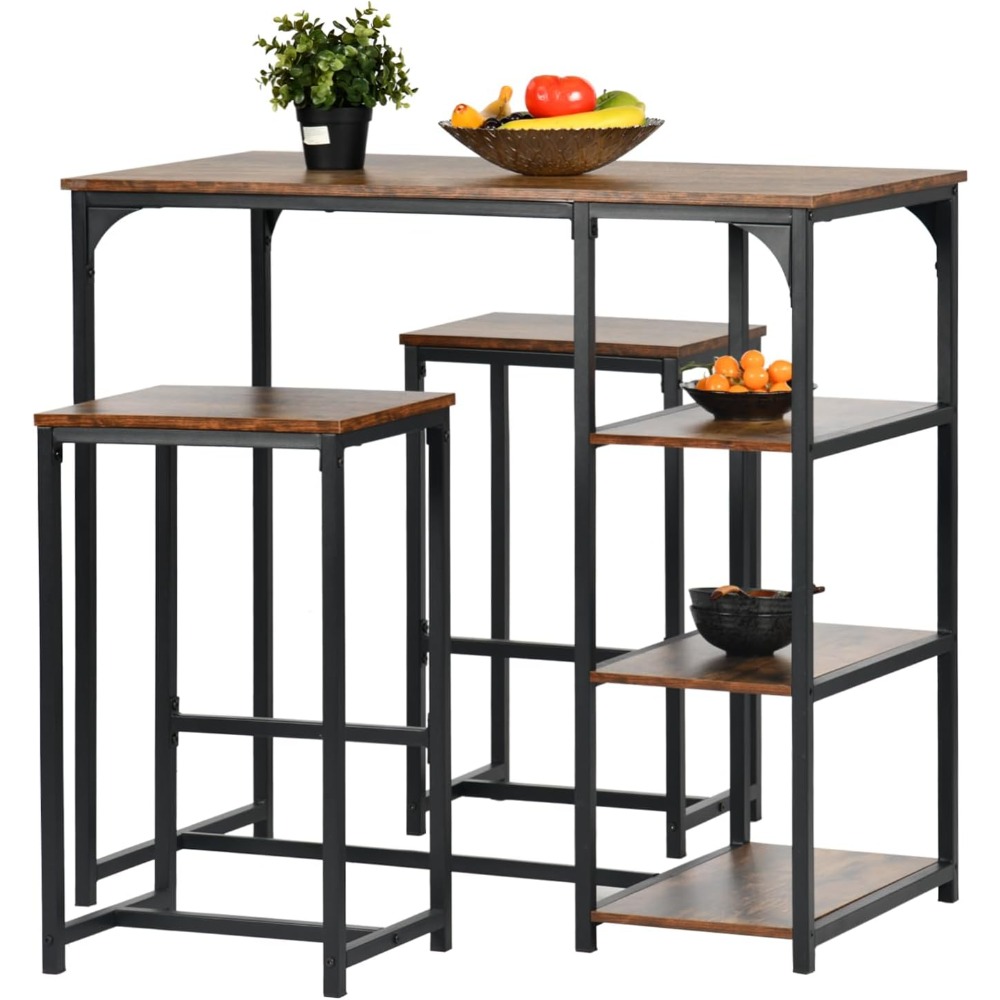 Un juego de 3 barras pequeñas, 1 mostrador de bar + 2 sillas altas, mesa de desayuno con 3 bolsas de almacenamiento, estructura de metal, marrón industrial