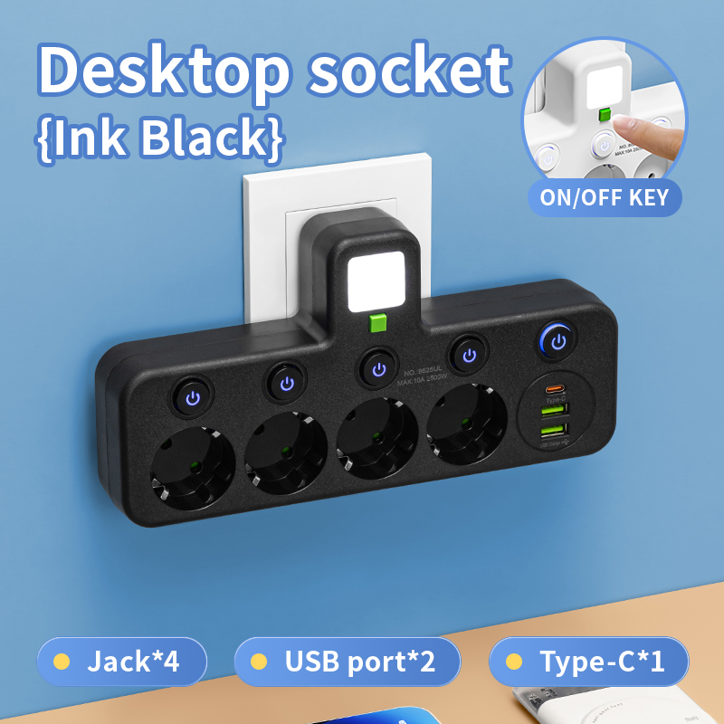 EU 플러그 콘센트 5 소켓 전기 소켓 연장 코드 없음 또는 없음 USB Type-C 포트 2개 사양