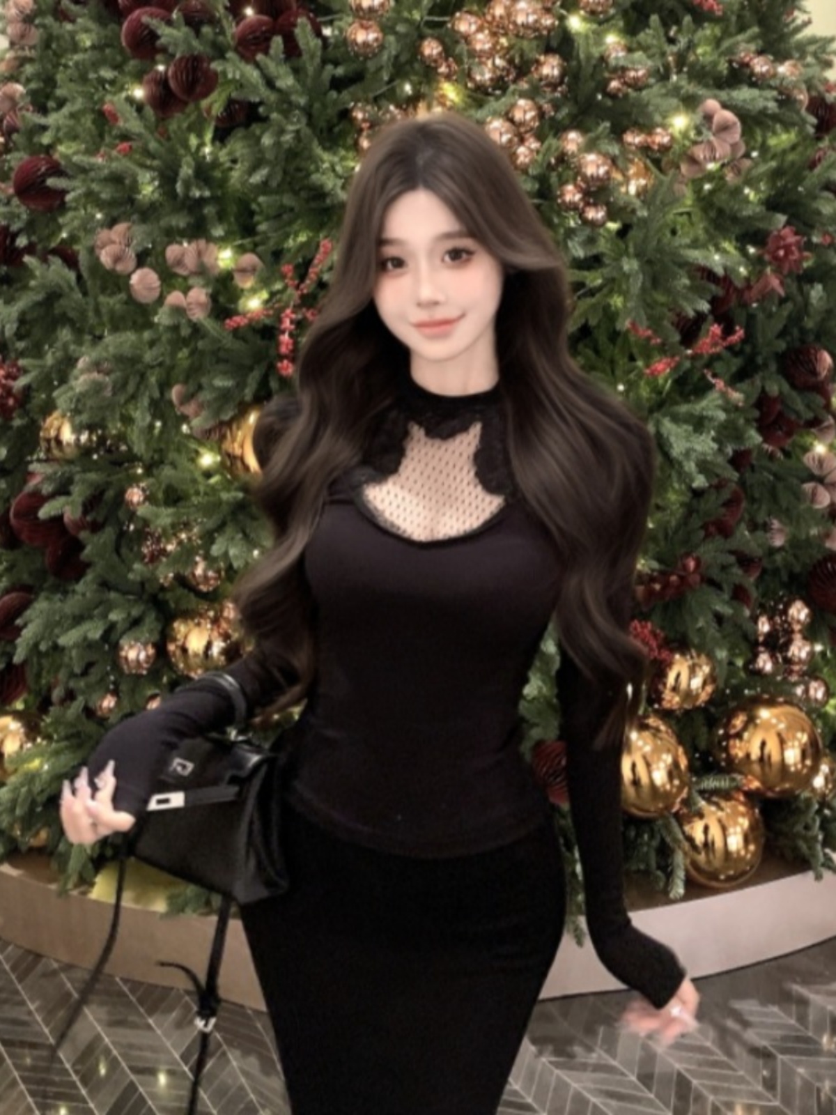 ソフトレース長袖ニットベースレイヤーインナーウェアアウター Tシャツ女性の冬の純粋な欲望スパイシーガールトップボトムアンサンブル