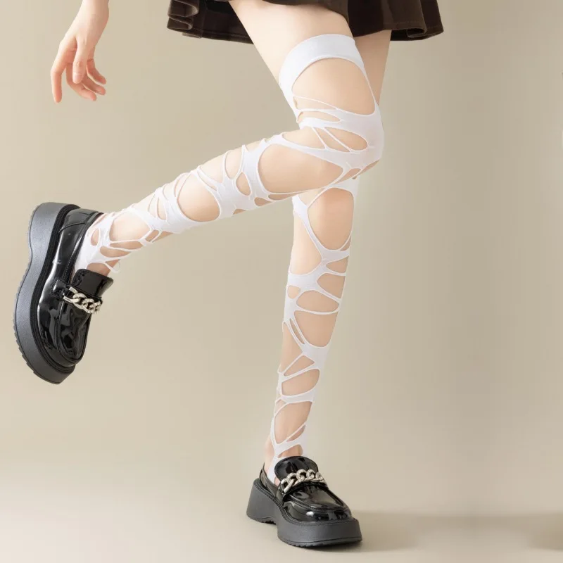 Zerrissene Netzstrumpfhose für Damen – Edgy Distressed Punk-Strümpfe, Y2K Grunge Goth Aesthetic, rutschfeste, dehnbare Strumpfhose