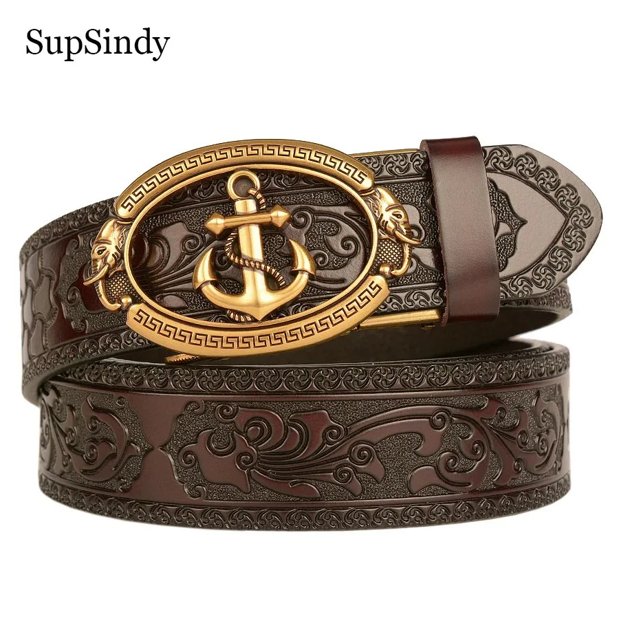 SupSindy Nam da thật Thắt lưng nam da thật Vàng sang trọng Neo kim loại tự động Khóa thắt lưng da bò cho nam Quần jean Thắt lưng nam Dây đeo màu đen