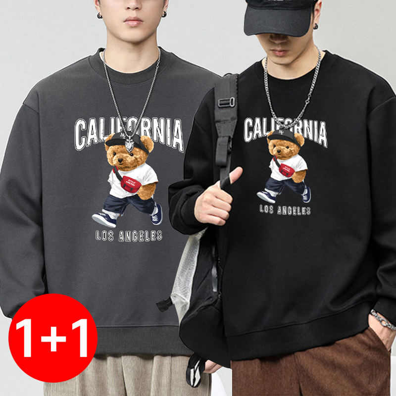 1+1(2장세트)트랜드인 가을 오버핏 맨투맨 코튼 라운드넥 유니크 베어 프린트 캐주얼 데일리룩 남성용 TS3064