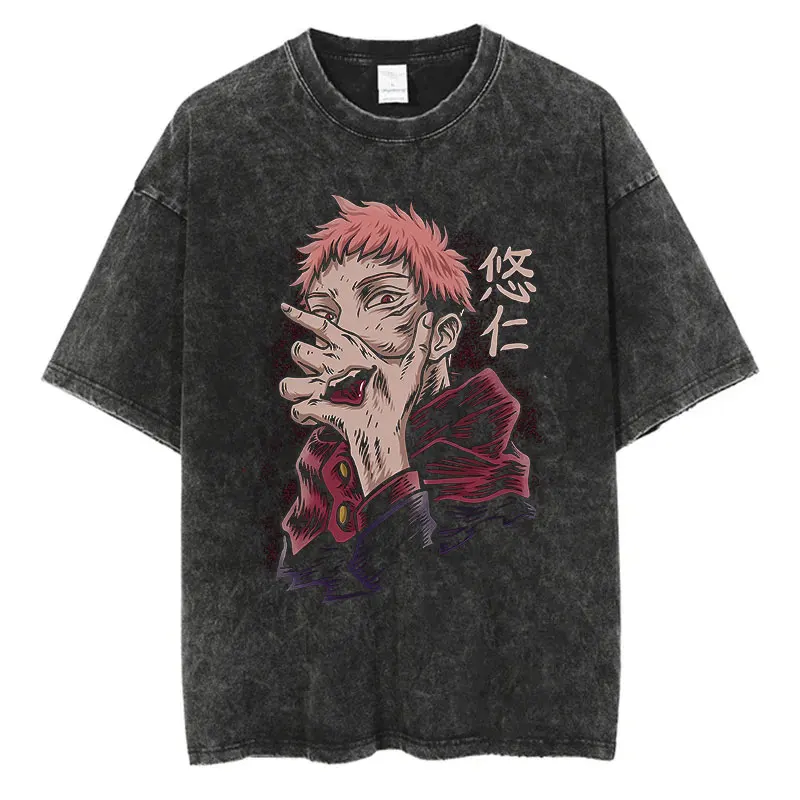 アニメウォッシュ Tシャツ原宿夏綿 100% 半袖オーバーサイズ Tシャツヴィンテージストリート Tシャツ