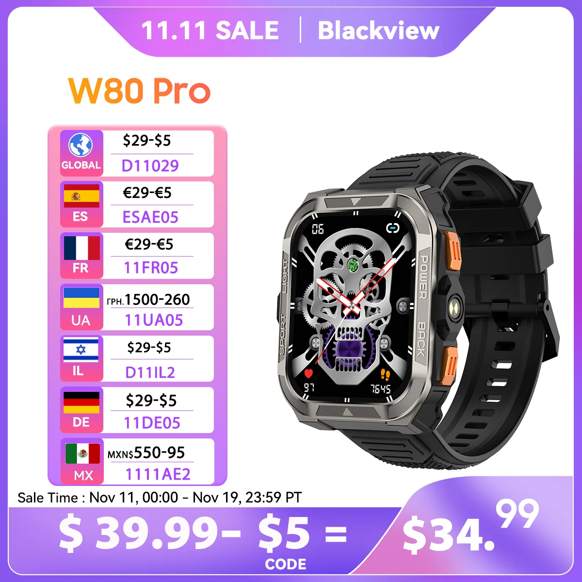 [Мировая премьера] Прочные умные часы Blackview W80 PRO для улицы, умные часы с GPS-позицией, дисплей 1,91 дюйма, 900 мАч с фонариком