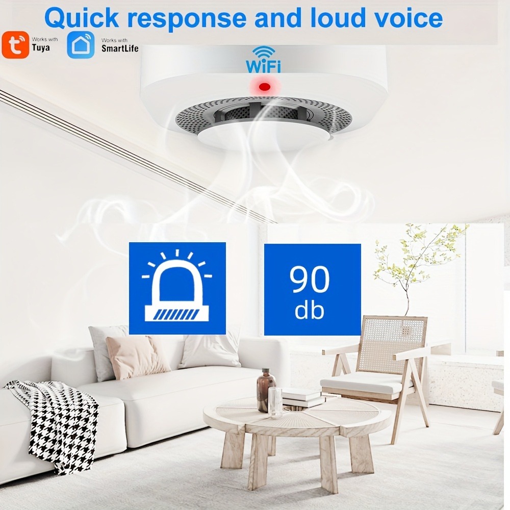 XUK WiFi Smart Smoke Alarm with App Alerts,Low Power Consumption,Battery-Powered(Batteries Not Included),Smoke Alarms For Home