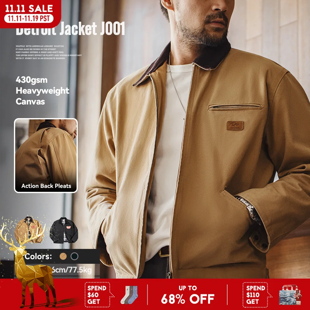Maden retro lona detroit caça j001 jaqueta de trabalho de bolso pesado lapela gola casaco com zíper para primavera e outono masculino