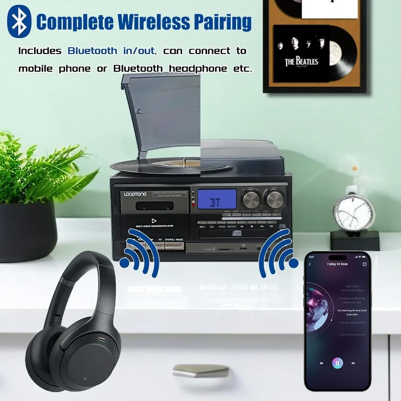 Vinyl Record Player 10 in 1 3 Speed Bluetooth Vintage Turntable CD Cassette Player AM
