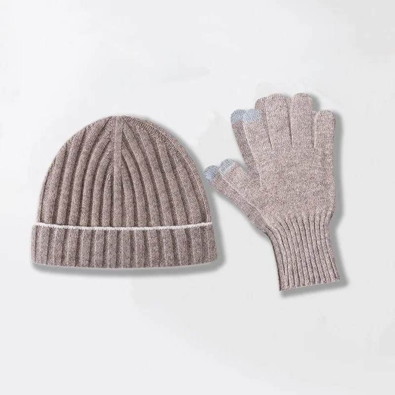 Conjunto de guantes y gorro de lana para hombre, gorro de punto cálido de invierno con contraste de dos piezas