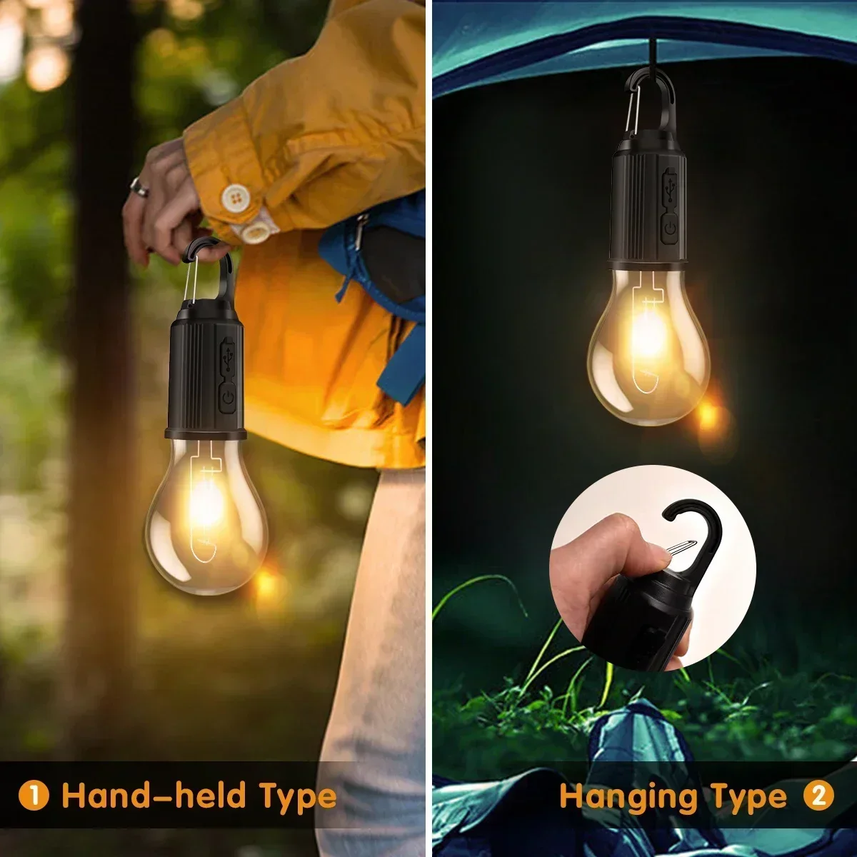 LED 캠핑 라이트 Type-C USB 충전식 방수 400mAh 100LM 텐트 라이트 후크 3가지 모드 야외 조명