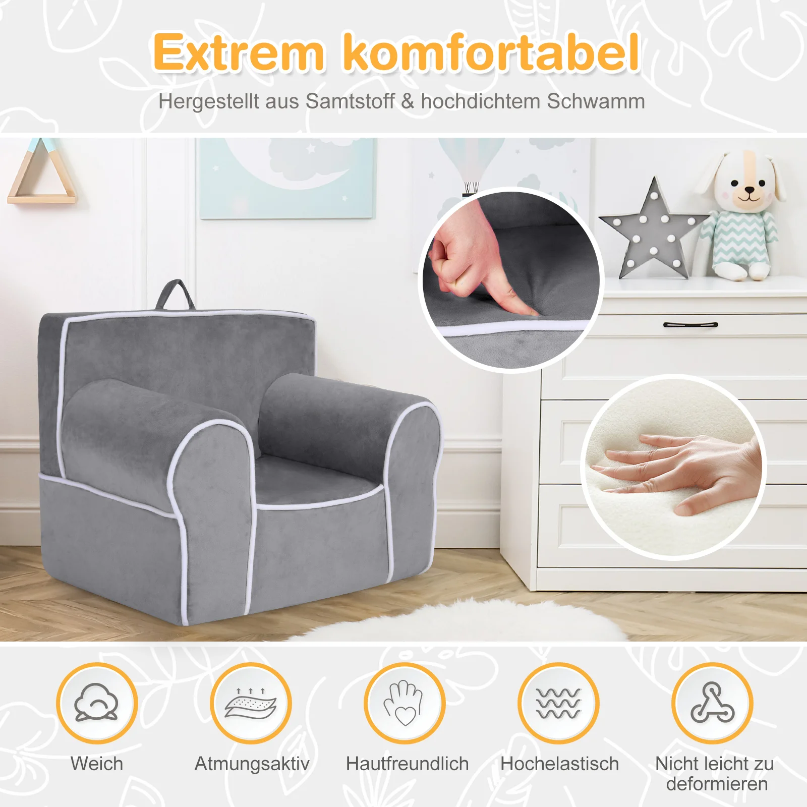 Sofa dziecięca tapicerowana, fotel dziecięcy z wypełnieniem piankowym, podłokietnik i uchwyt, sofa dziecięca, sofa dziecięca, aksamitna kanapa dla chłopców i dziewczynek do 5 lat, 68 x 46 x 50 cm