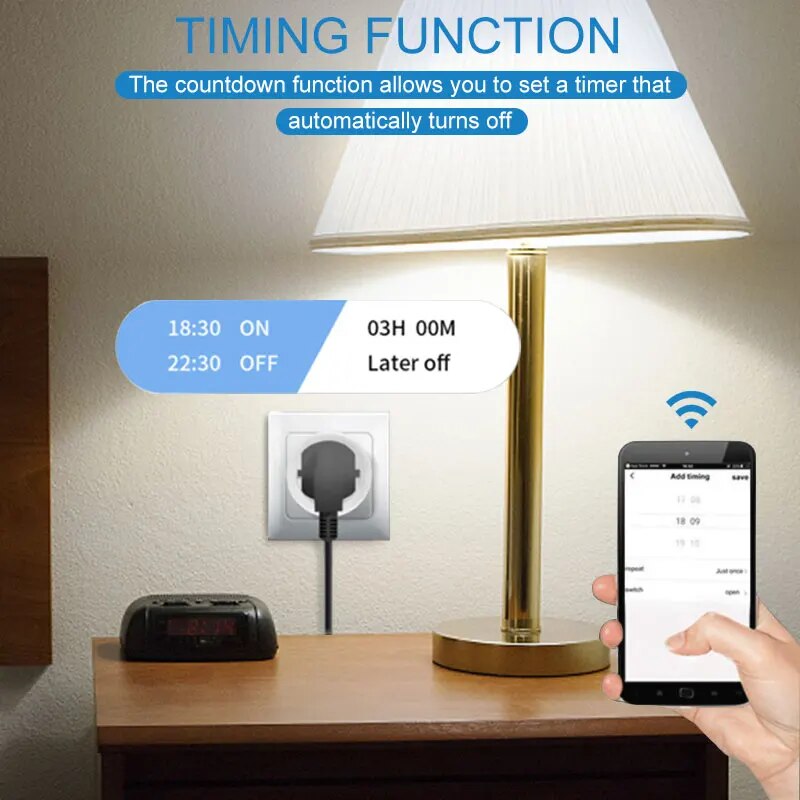 Enchufe inteligente para hogar, WiFi, 20A, enchufe europeo, Control remoto, temporizador, Monitor de potencia, compatible con voz, Google Home, Alexa