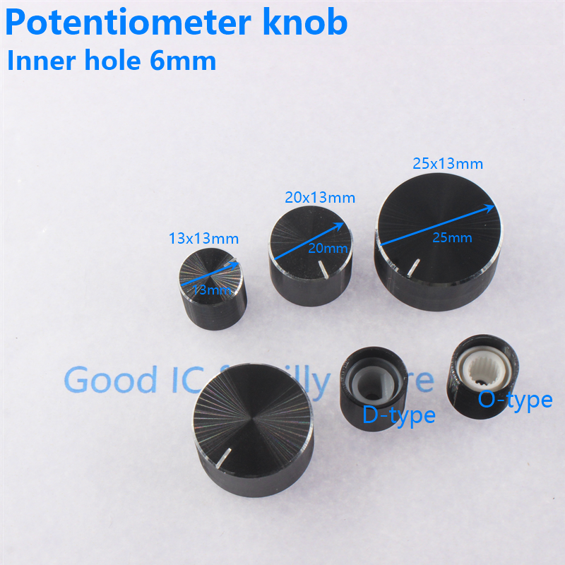 Codificador de perilla de aluminio negro, potenciómetro de tarjeta de sonido, orificio interior, perilla de 6mm, ajuste de amplificador de potencia de volumen, tapa de metal