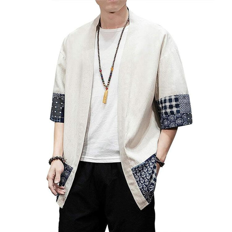 Cardigan Kimono japonais pour hommes, ample, en coton et lin, manches 3/4, ouvert sur le devant, chemise d'été décontractée