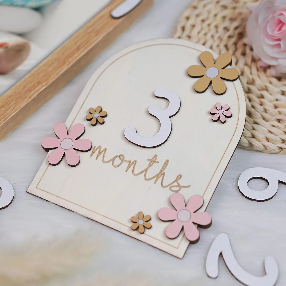 Accessoires de photographie pour nouveau-nés filles et garçons, accessoires Photo de jalon pour bébé, cartes de jalon mensuelles en bois pour bébé, fleurs 3D Double face