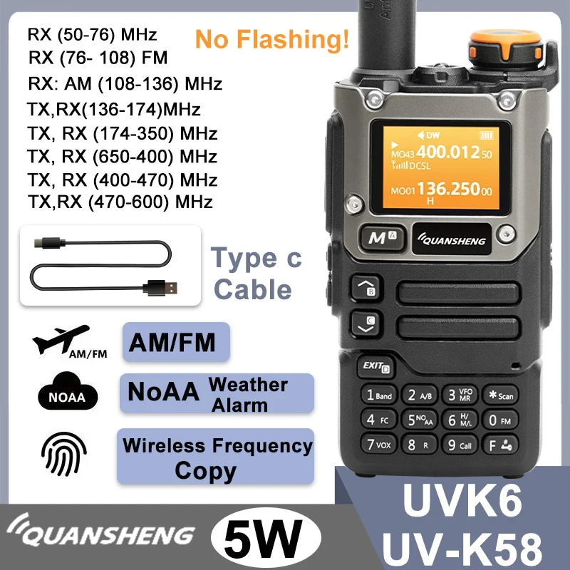 Quansheng UV-K6 Walkie Talkie 5W banda aérea Radio tipo C carga UHF VHF DTMF FM Scrambler NOAA frecuencia inalámbrica Radio CB bidireccional