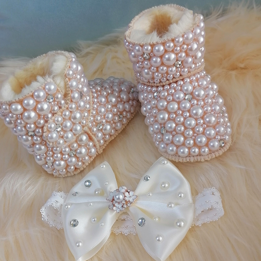 Diadema con lazo hecha a mano, botas de nieve con diamantes de imitación para niña, zapatos de invierno, peine, primer andador, cristal ostentoso, regalo de ducha de princesa