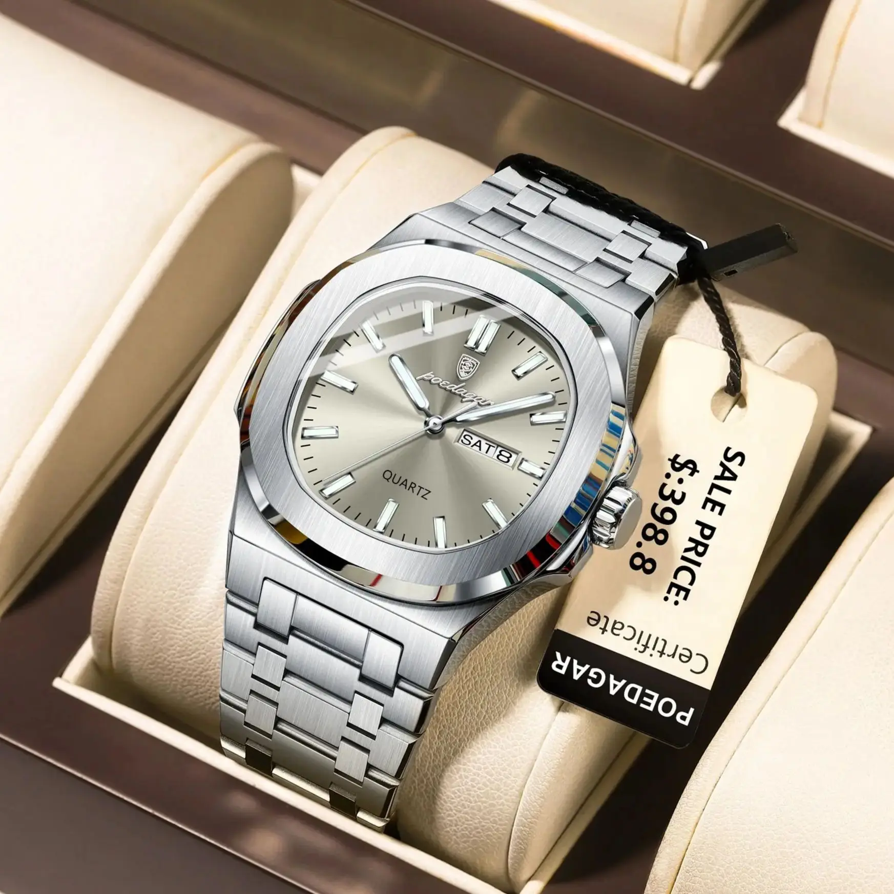 Poedagar na moda casual relógio de pulso para homens semana data aço inoxidável homem relógio luminoso à prova dwaterproof água luxo quartzo relógios masculinos + caixa