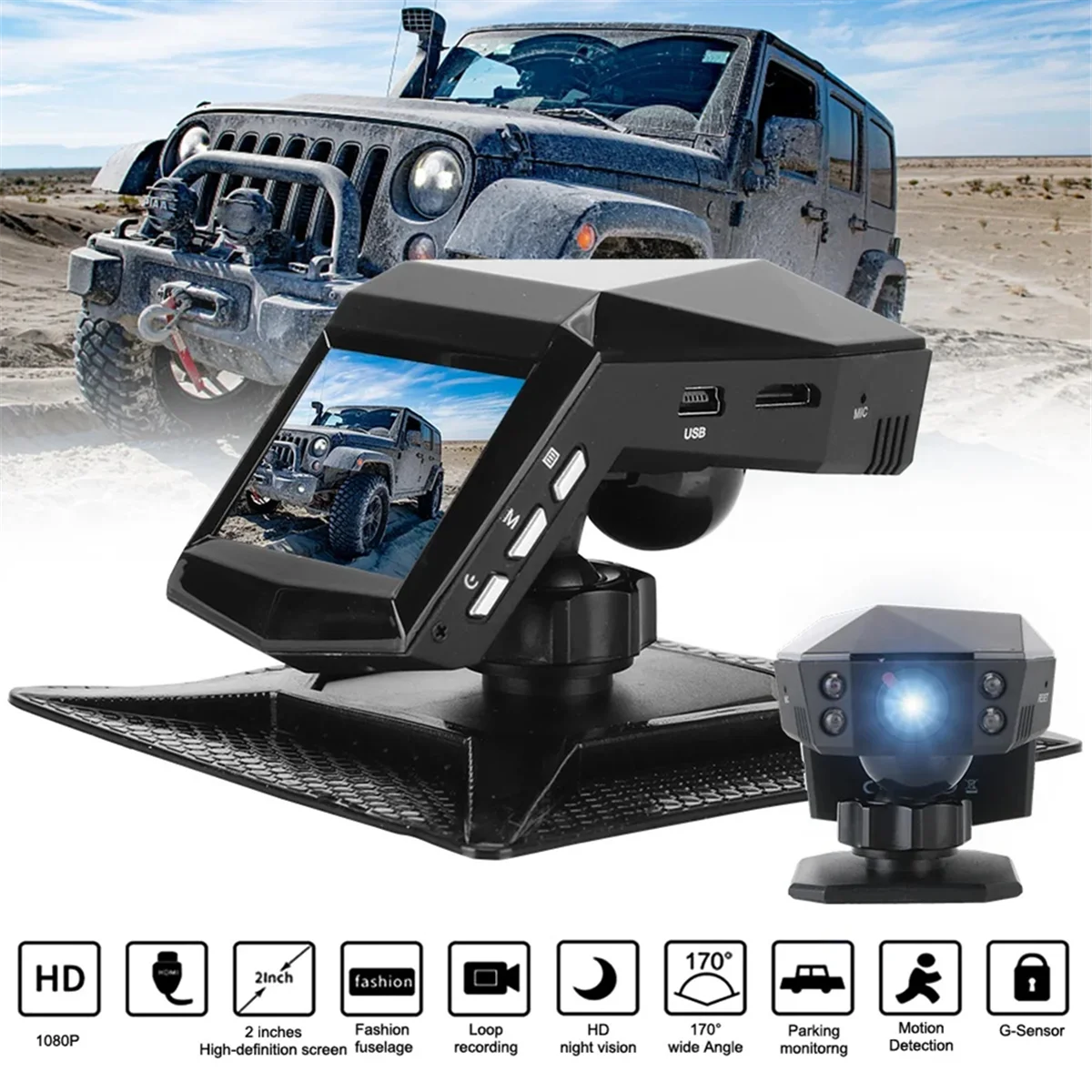 Moniteur de vue arrière pour tableau de bord de voiture, enregistreur vidéo, caméra Prada, grand angle (A), écran 2 pouces, 1080P, neuf