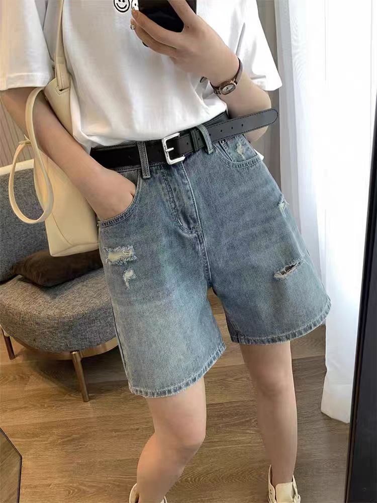 High Waist Denim orts Women's Spring Summer New plus Size Faded Five-Pointed Hole Wide Leg Jeans orts Slimming Effect