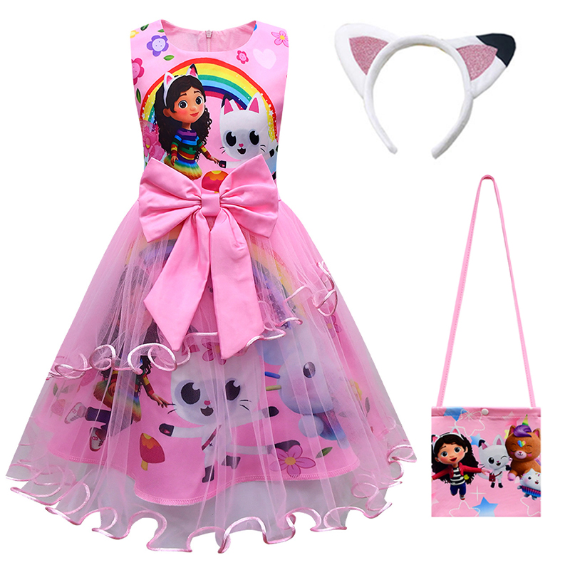 Casa de muñecas de Gabby, vestido de verano para niños con gatos Gabby, bonito vestido de princesa de encaje para niñas pequeñas, vestidos de fiesta de cumpleaños, tocados