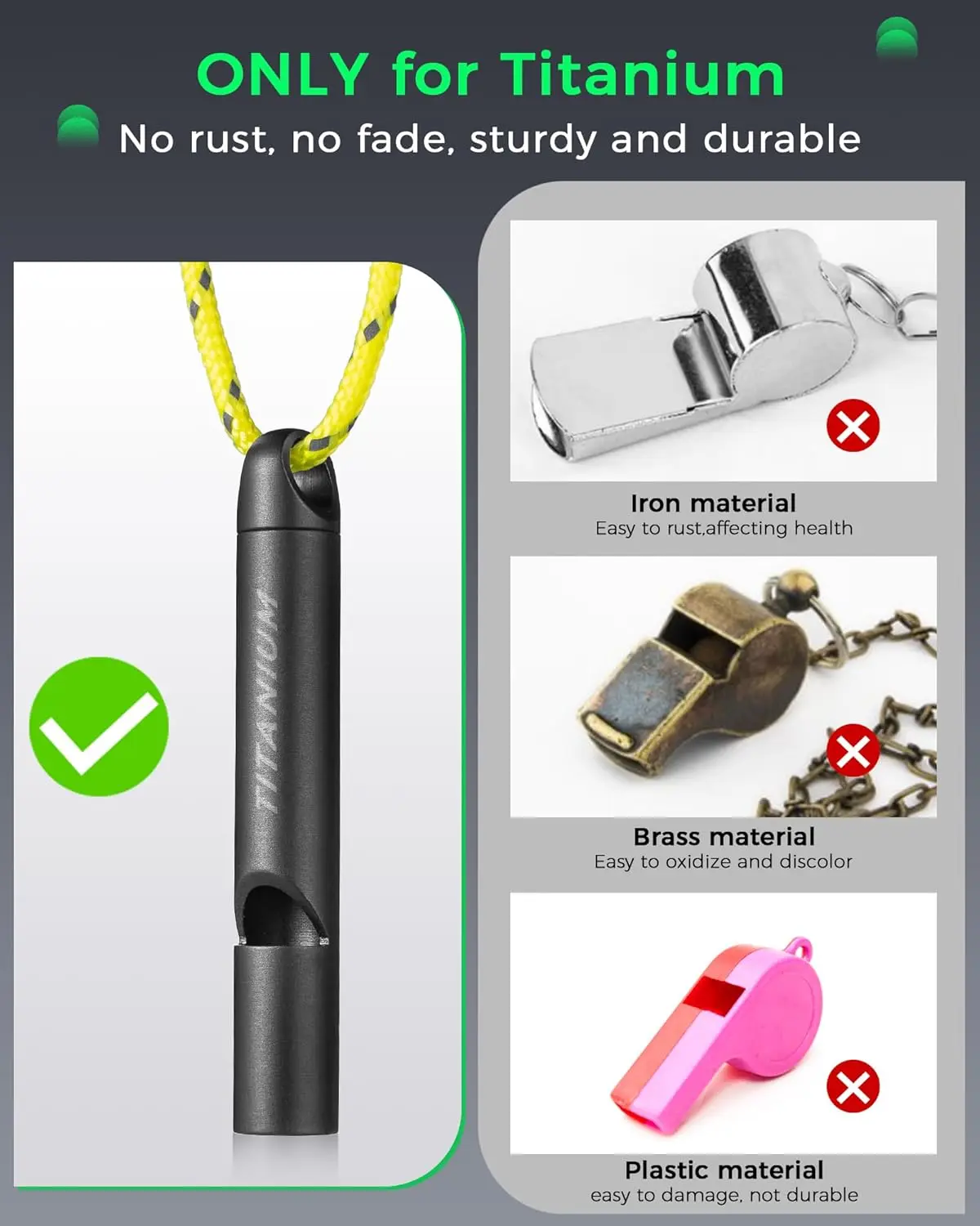 Titanium noodfluitje, overlevingsveiligheidsfluitjes voor coaches, hondentraining, wandelen, levensreddend, luid tot 120 dB