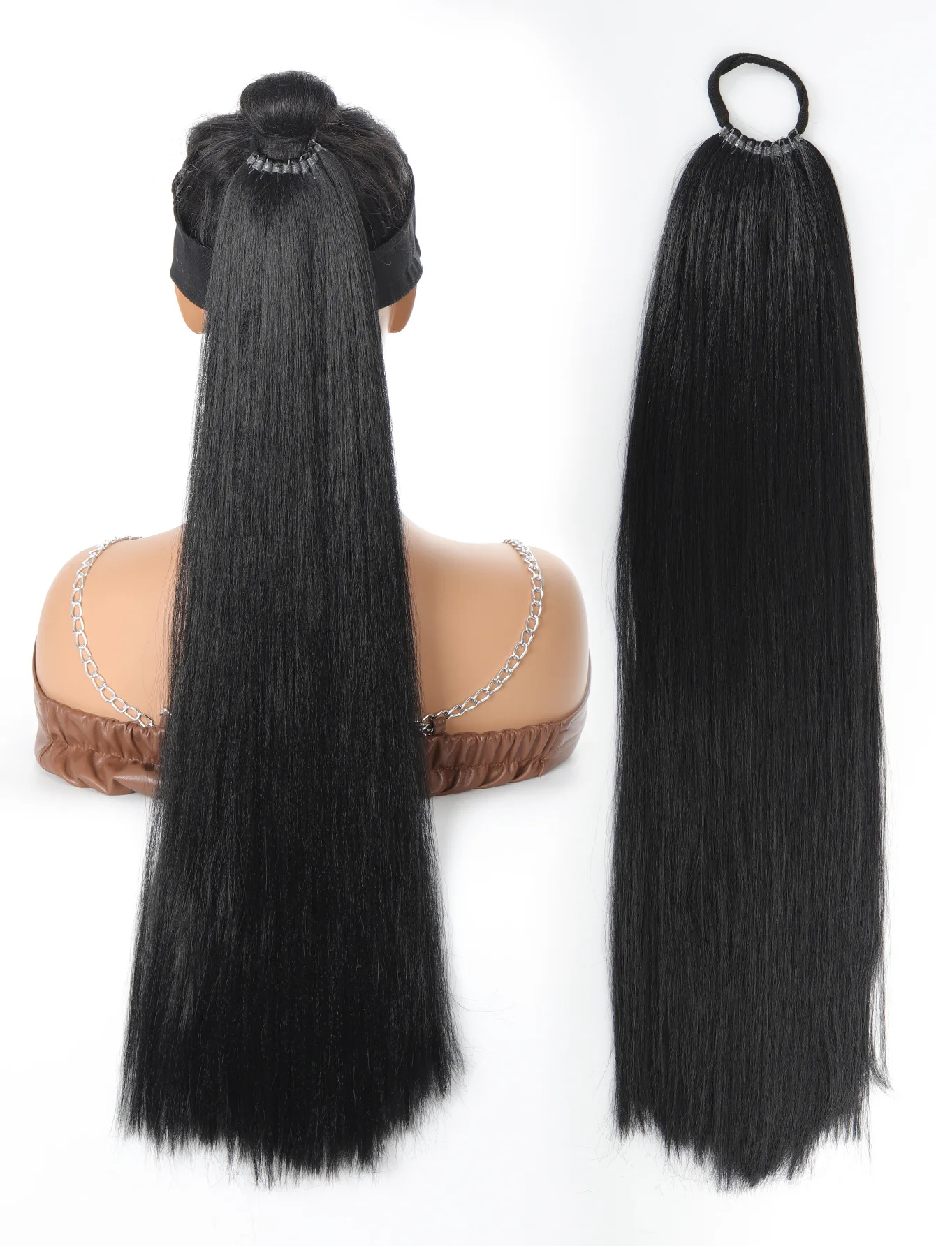 Extensão de rabo de cavalo sintético para mulheres, elástico longo e reto, rabo de cavalo preto, peruca resistente ao calor