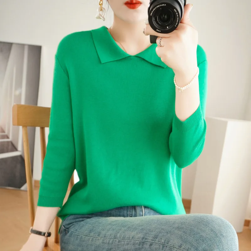POLO Collar Women's Knitted Sweater Cashmere Blend Autumn And Winter New Solid Color Simple Inner Slimming And Age-reducing Top