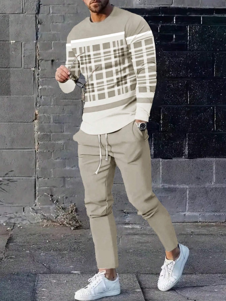 เรขาคณิตพิมพ์ผู้ชายฤดูใบไม้ร่วงแฟชั่น Casual Crew คอเสื้อและกางเกง Urban Street แนวโน้มแฟชั่นชายเสื้อและยาวสไตล์