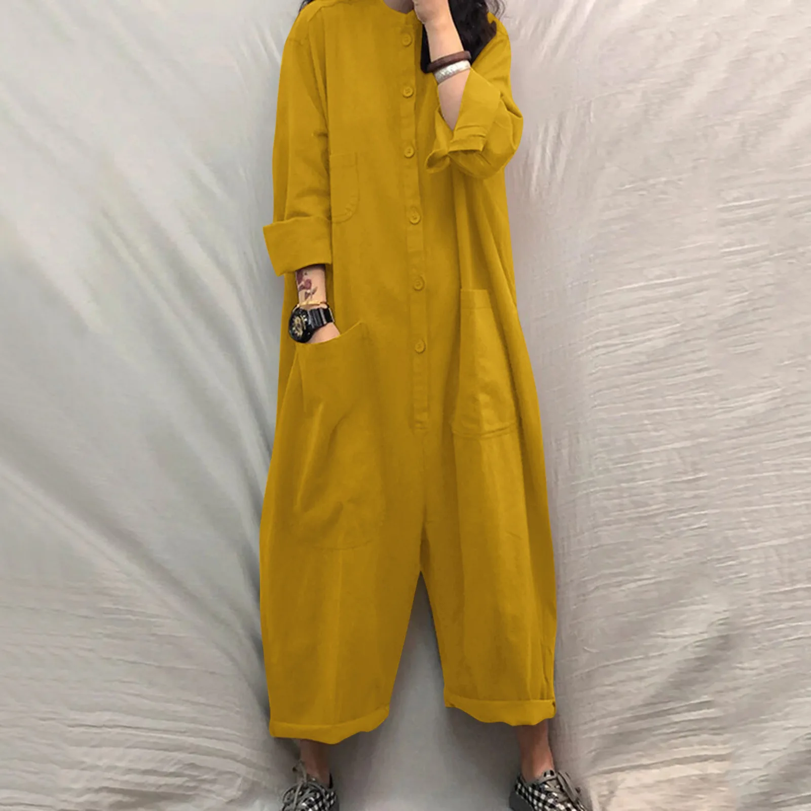 Einfarbig Casual Lose Tasche Overall Frauen Neue Herbst Einfache Langarm-shirt Weibliche Urlaub Strampler Modische Streetwear