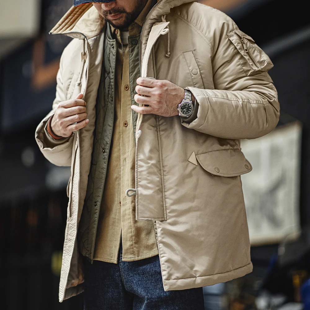Maden Retro Pilot Chaqueta acolchada de algodón Abrigo cálido con capucha de longitud media grueso para hombres Otoño e Invierno Color caqui prendas de vestir