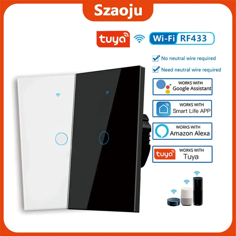RF433 1/2/3 Gang sin cable neutro Tuya US WiFi interruptor de pared inteligente Sensor táctil interruptores de luz LED hogar inteligente Alexa Google Home