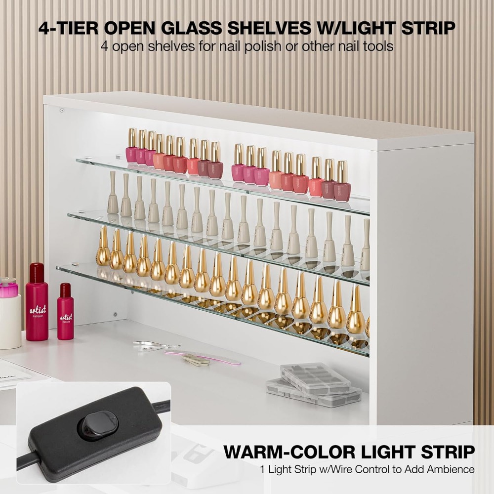 Manicure Table with LED Light, L-Shaped Glass Top Nail Tech Table w/2 Storage Shelves, Upwards Cabinet Door