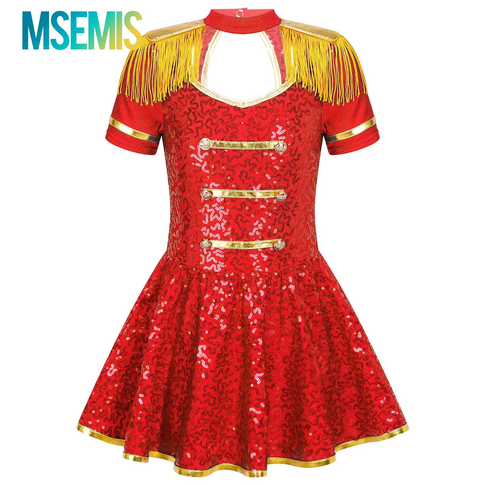 Kids Girls Circus Ringmaster Director Dress Up Cosplay Costumes Honor Guard Shiny Sequin Gold Tassel Dress Ballet Dance Costume