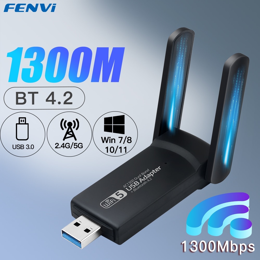 Fvi-adaptador WiFi USB 3,0, receptor inalámbrico de tarjeta de red USB de 1300Mbps para Bluetooth 4,2, banda Dual, 2,4G/5GHz, para ordenador de escritorio y portátil