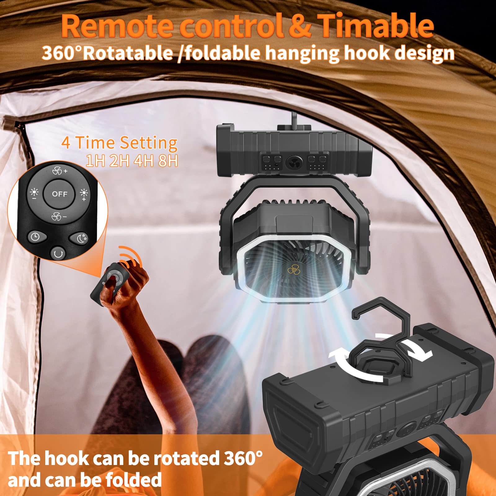 ワイヤレス移動式空気循環器,大容量バッテリー,LEDライト,キャンプファン,フック付き屋外換気装置,20000mah