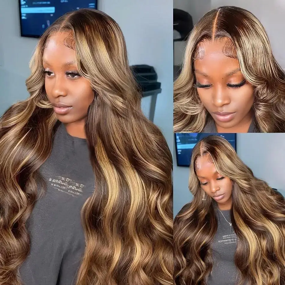 Destaque pacotes com fechamento brasileiro cabelo humano ombre onda do corpo pacote com frontal p4/27 cor marrom remy tecer cabelo pacote